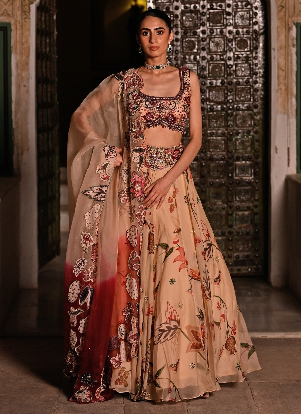 Muted Beige Pink Printed Organza Lehenga Set