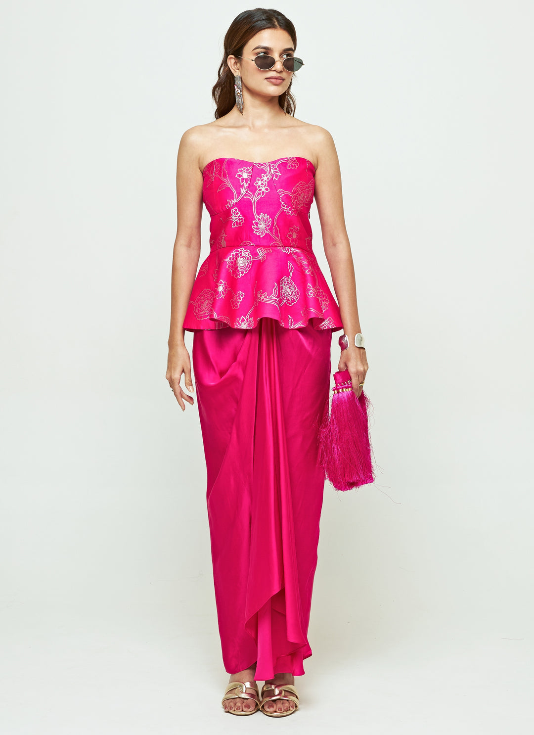 Pink Brocade Silk Peplum Top With Draped Skirt Set