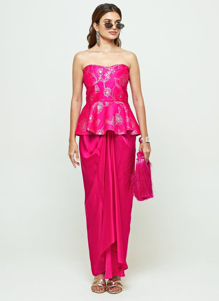 Pink Brocade Silk Peplum Top With Draped Skirt Set