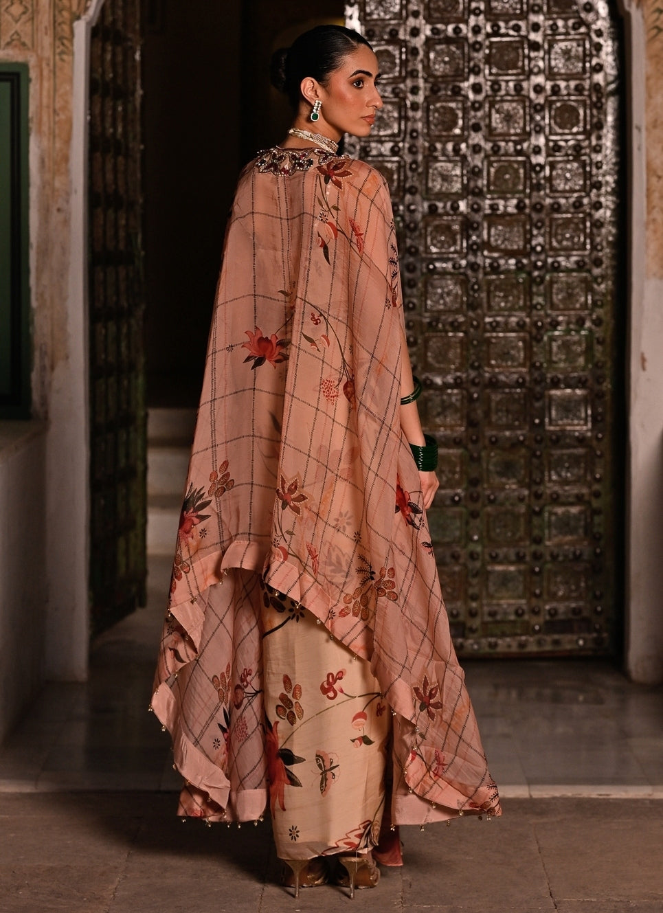 Muted Beige Pink Printed Organza Cowl Skirt Set With Cape