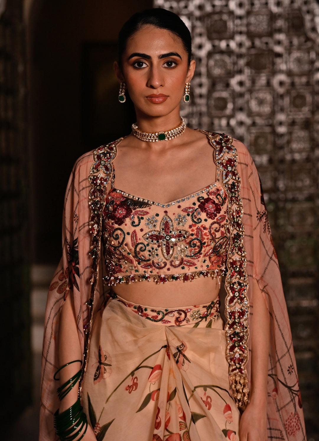 Muted Beige Pink Printed Organza Cowl Skirt Set With Cape
