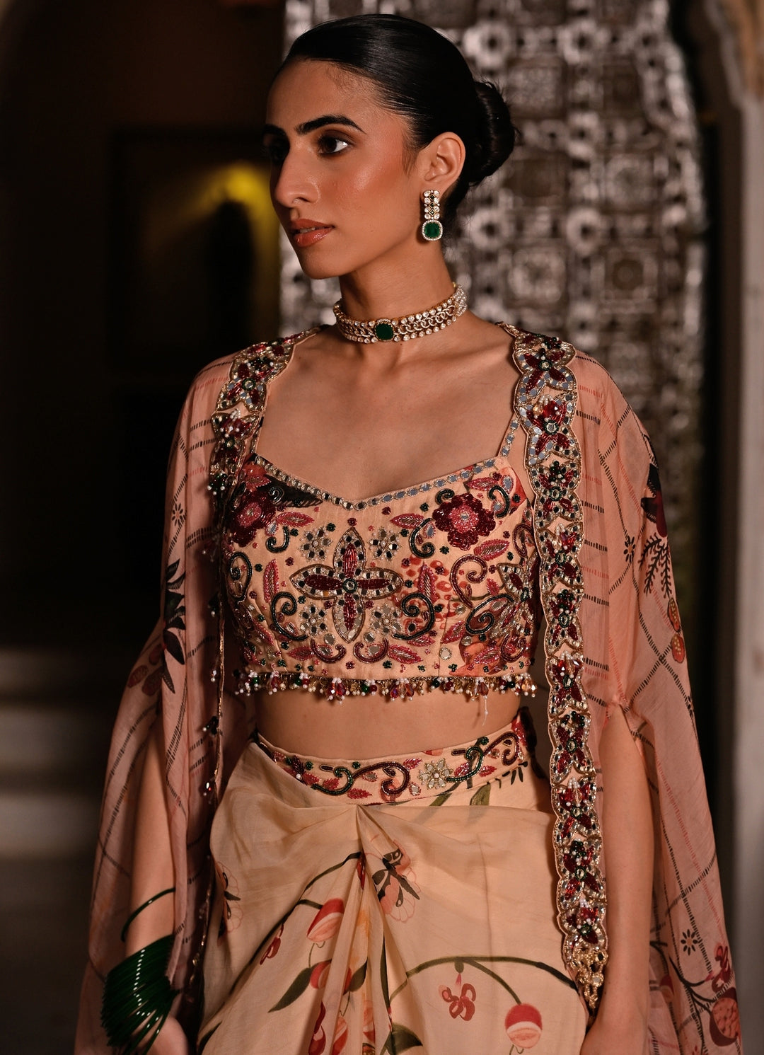 Muted Beige Pink Printed Organza Cowl Skirt Set With Cape