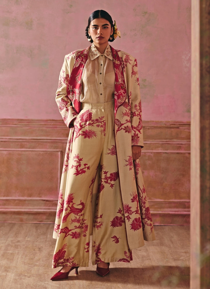 Beige Printed Silk Jacket Pants Set