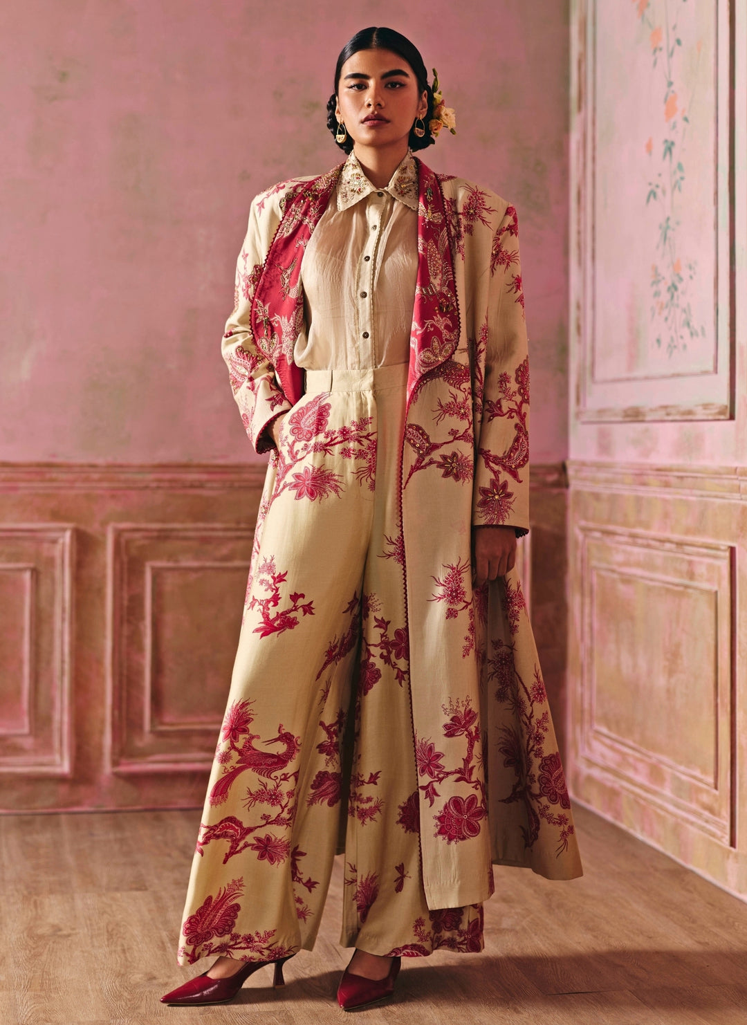 Beige Printed Silk Jacket Pants Set