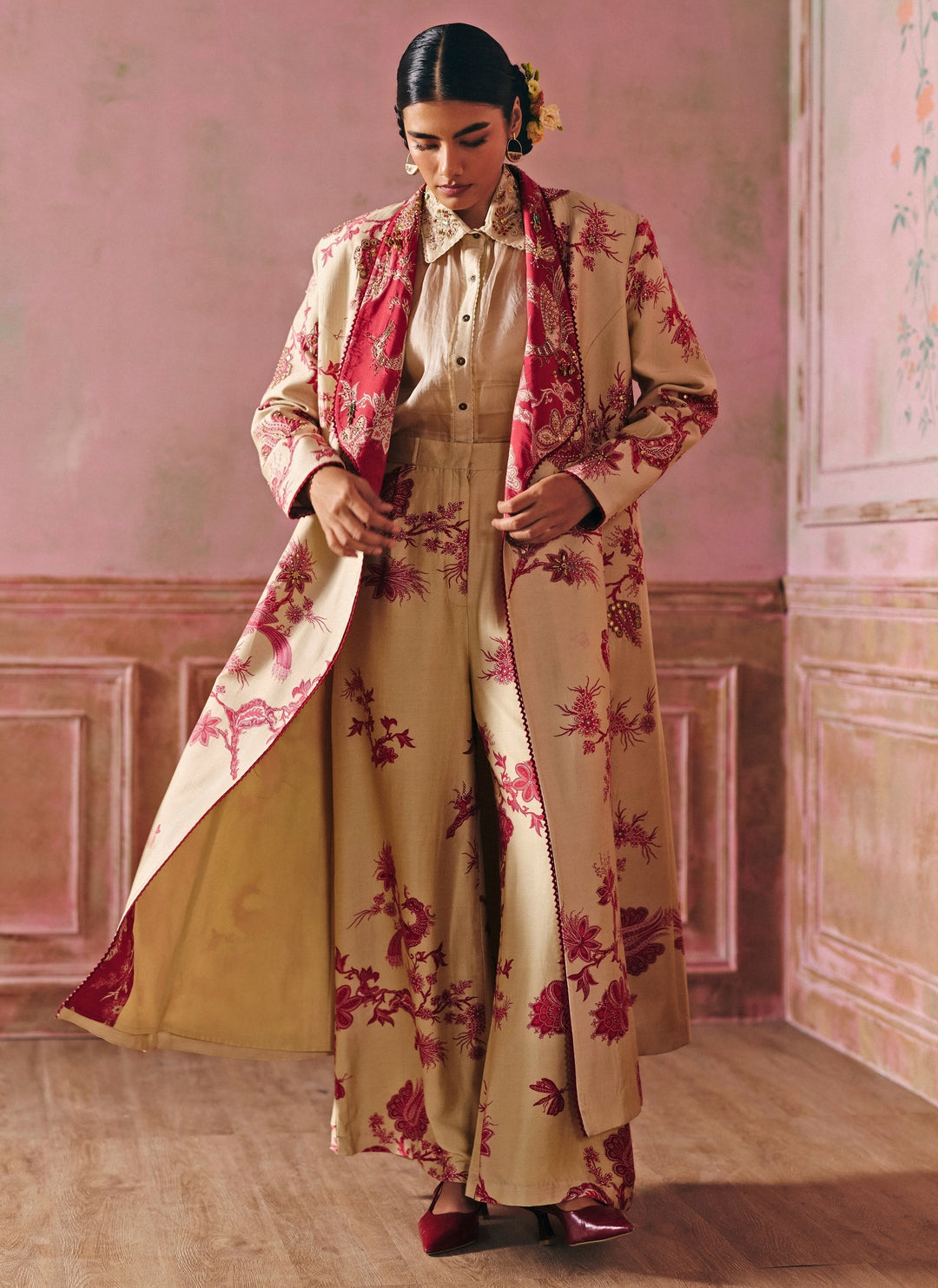 Beige Printed Silk Jacket Pants Set