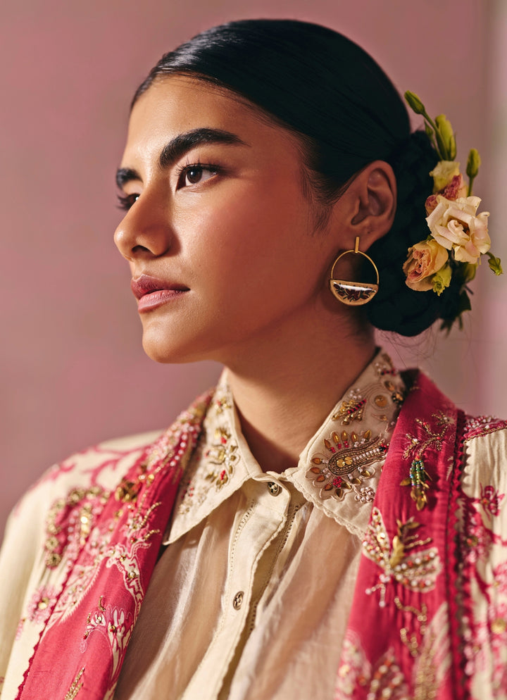 Beige Printed Silk Jacket Pants Set