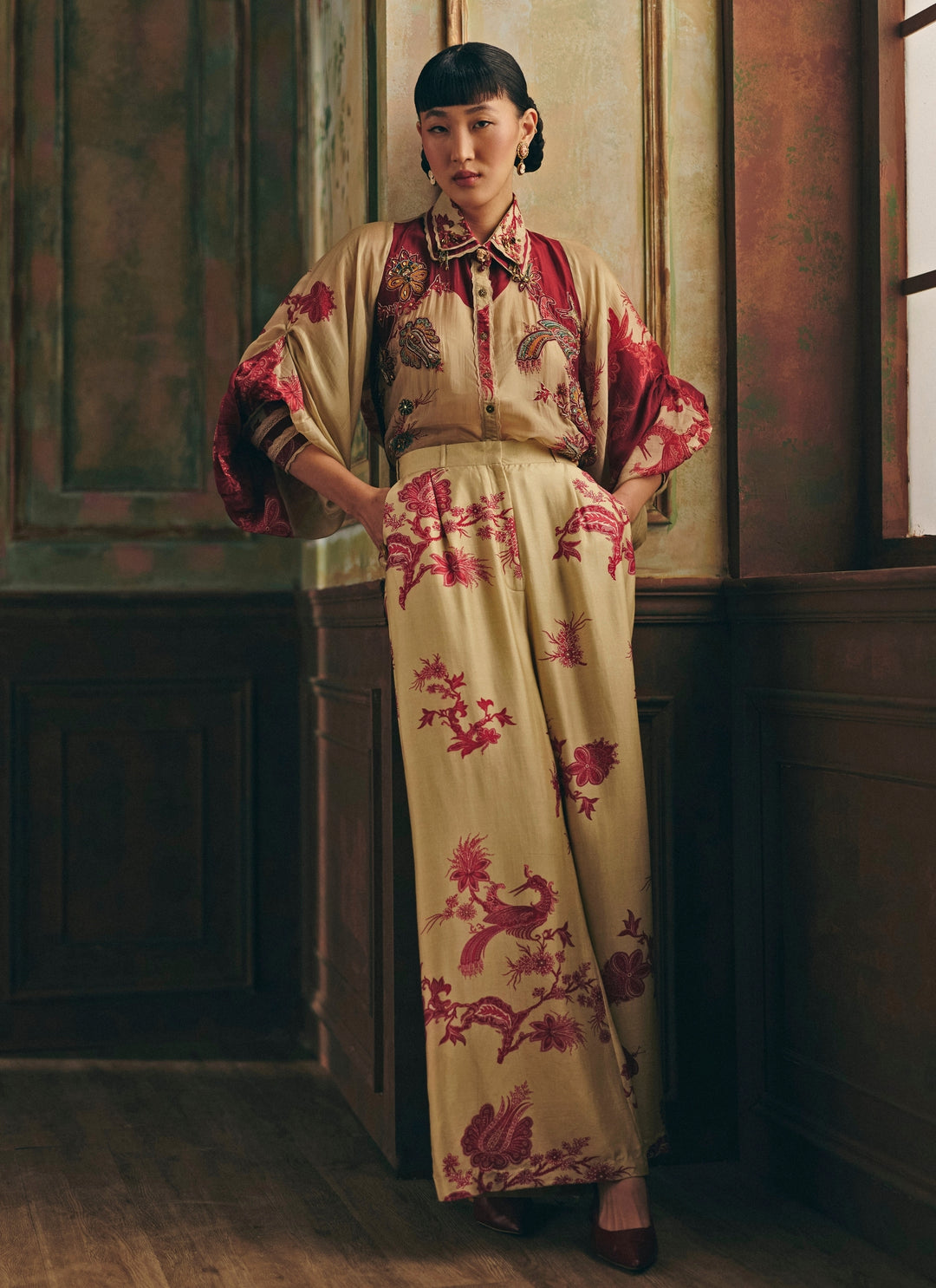 Beige Printed Silk Organza Shirt And Trousers Set