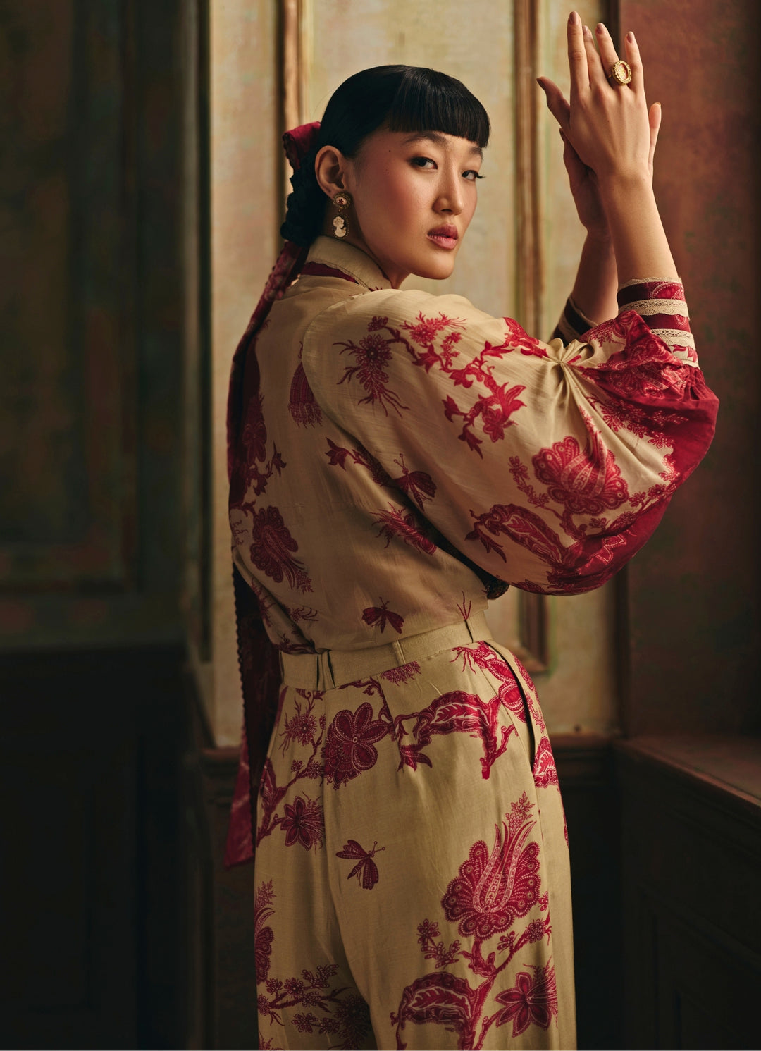 Beige Printed Silk Organza Shirt And Trousers Set