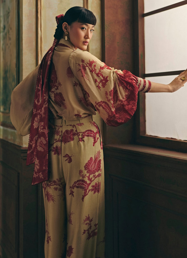 Beige Printed Silk Organza Shirt And Trousers Set