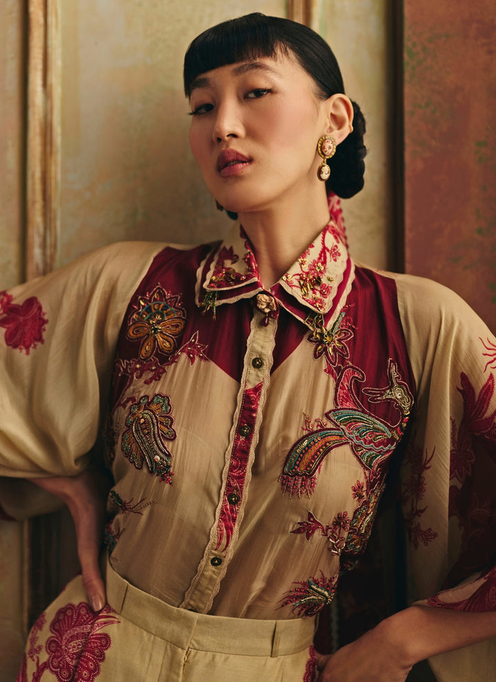 Beige Printed Silk Organza Shirt And Trousers Set