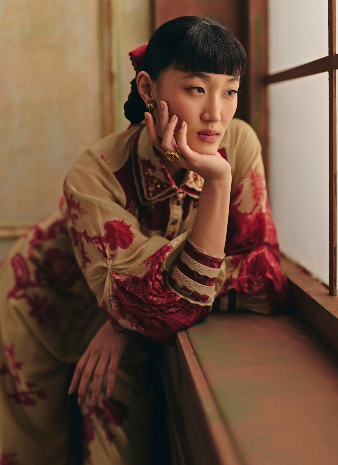 Beige Printed Silk Organza Shirt And Trousers Set