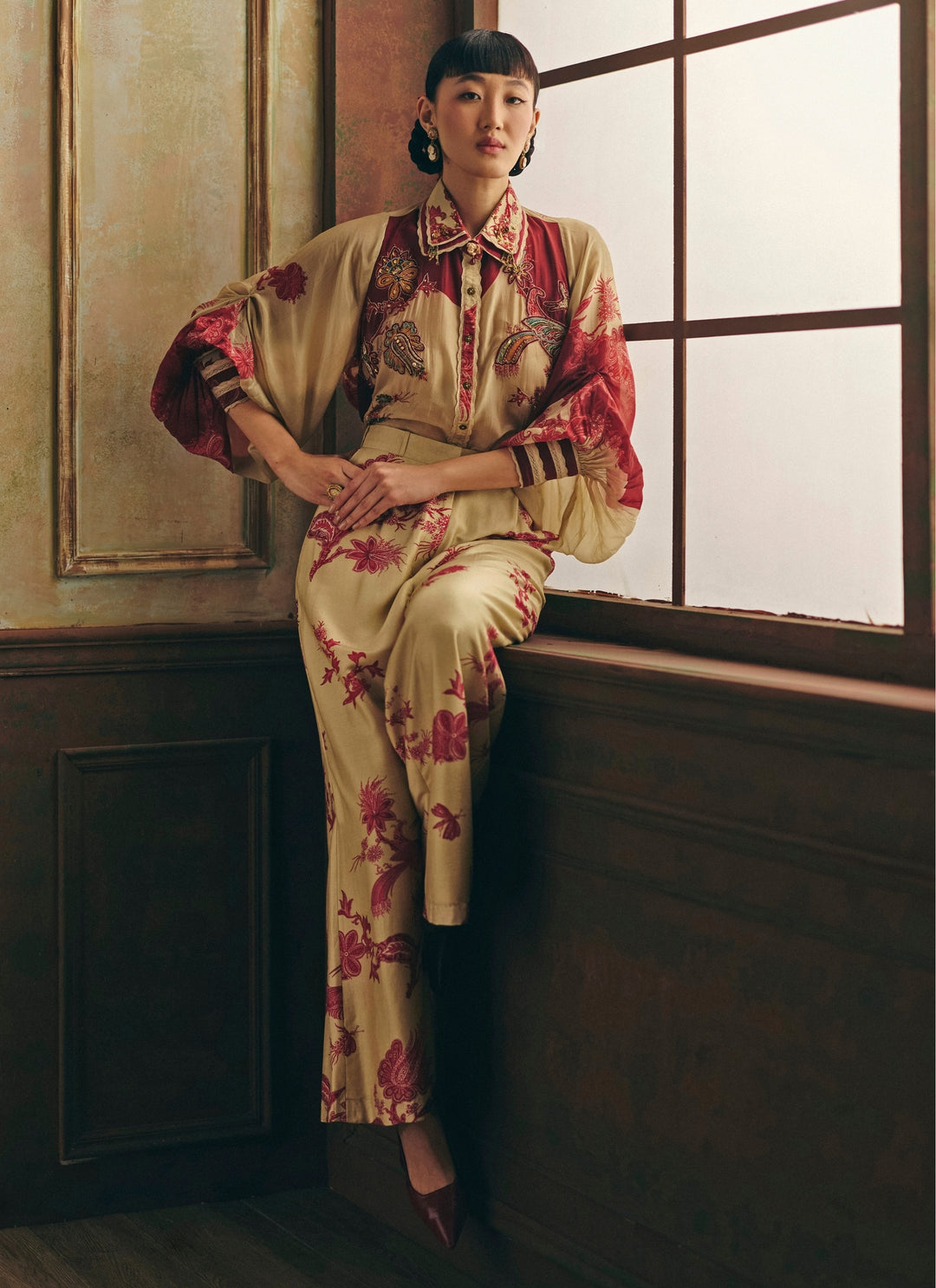 Beige Printed Silk Organza Shirt And Trousers Set