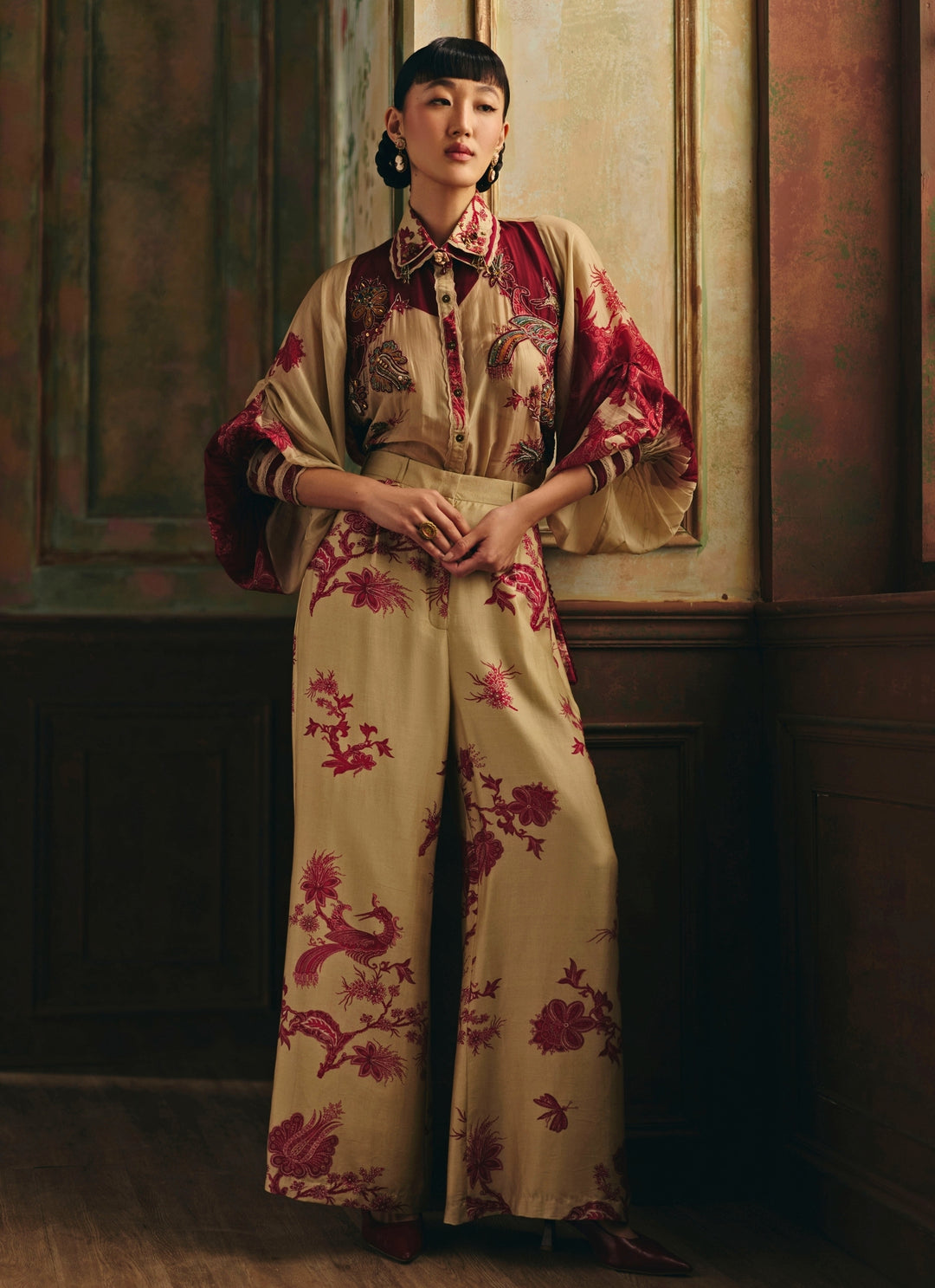 Beige Printed Silk Organza Shirt And Trousers Set