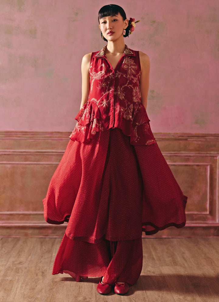 Cherry Red Printed Peplum Kurta Set