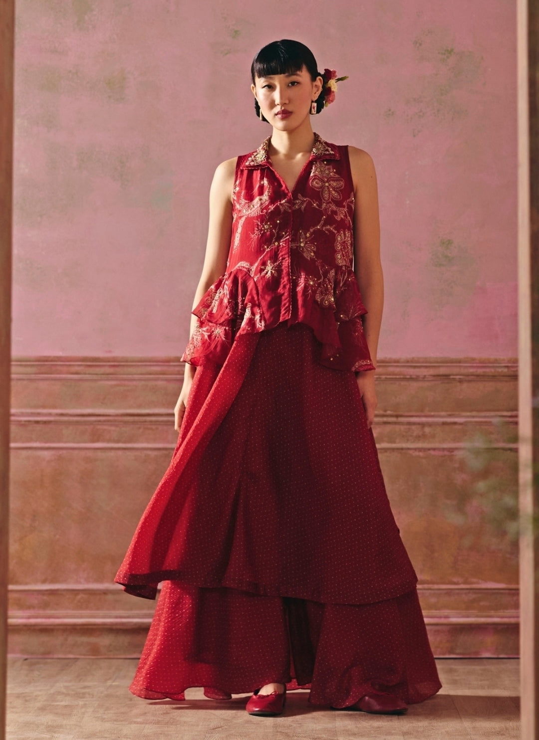 Cherry Red Printed Peplum Kurta Set