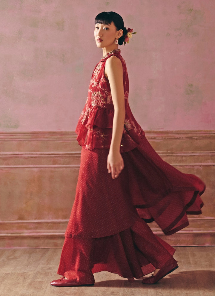 Cherry Red Printed Peplum Kurta Set