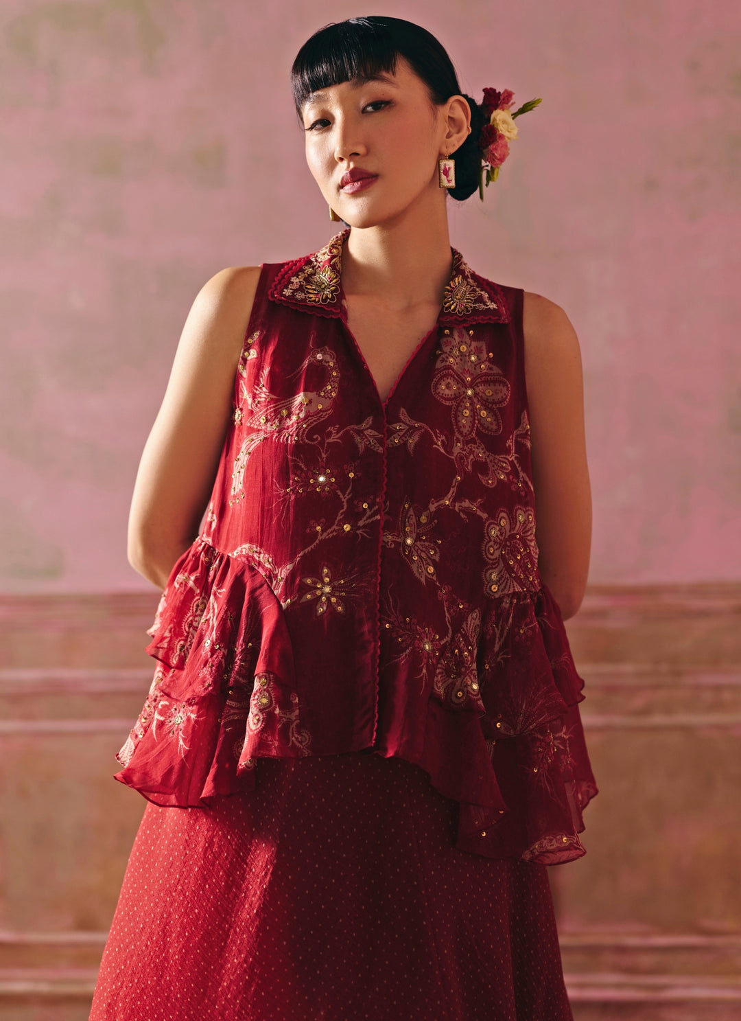 Cherry Red Printed Peplum Kurta Set