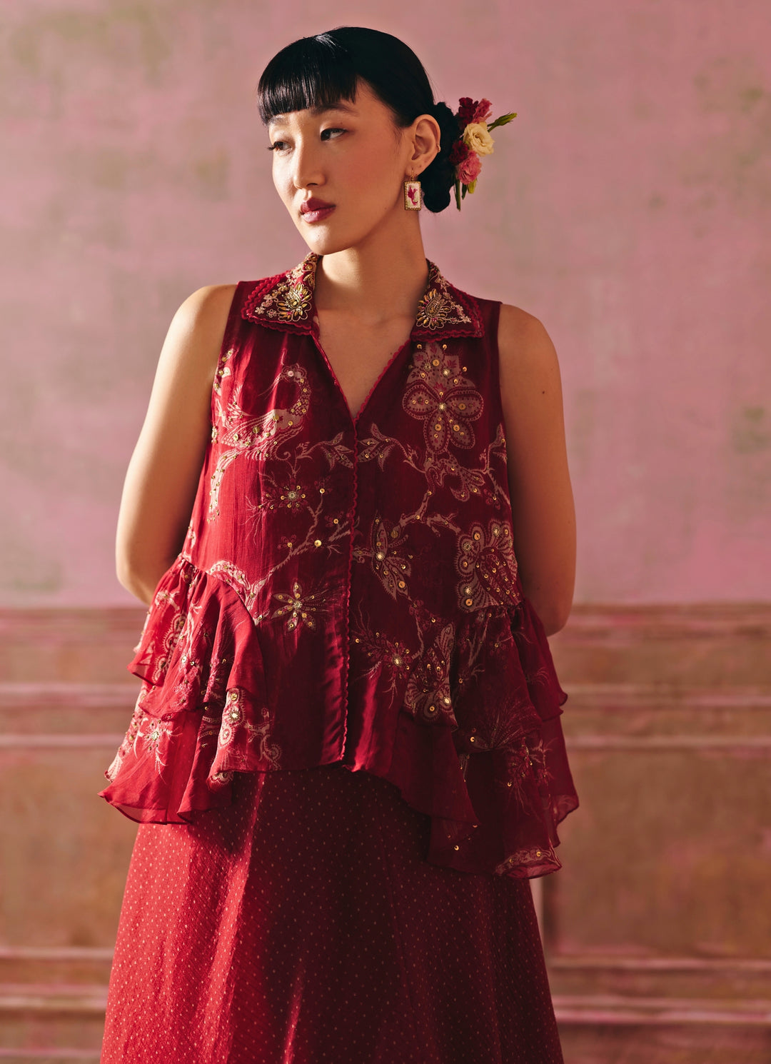 Cherry Red Printed Peplum Kurta Set