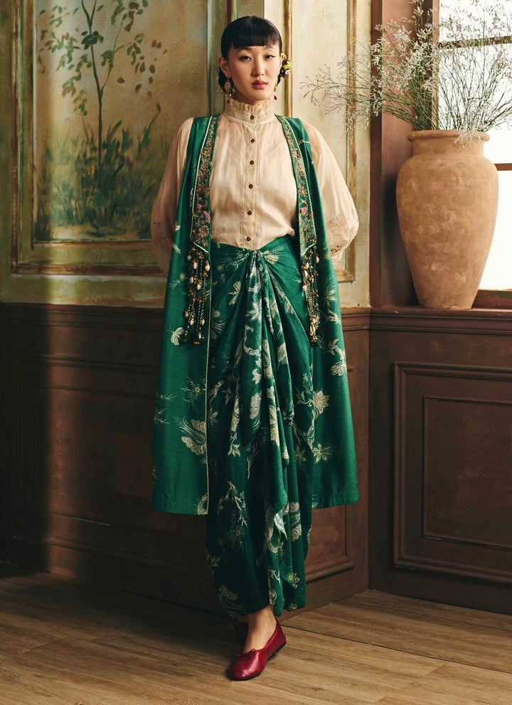 Ivory And Green Silk Skirt Set With Jacket