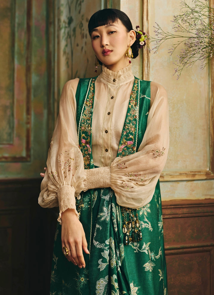 Ivory And Green Silk Skirt Set With Jacket