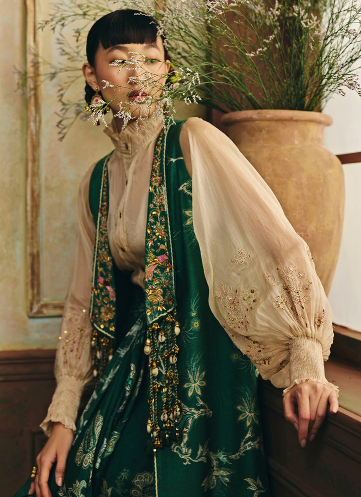 Ivory And Green Silk Skirt Set With Jacket