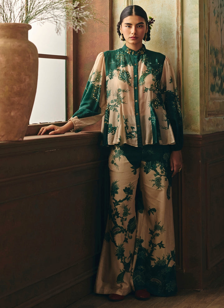 Ivory And Green Printed Silk Organza Shirt With Trousers Set