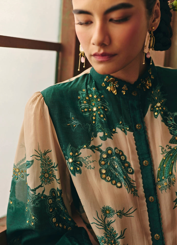 Ivory And Green Printed Silk Organza Shirt With Trousers Set