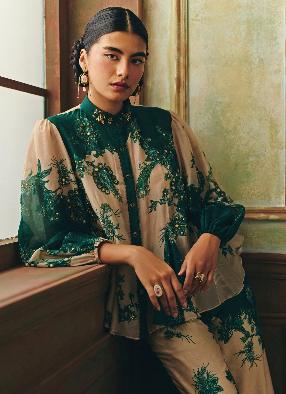 Ivory And Green Printed Silk Organza Shirt With Trousers Set