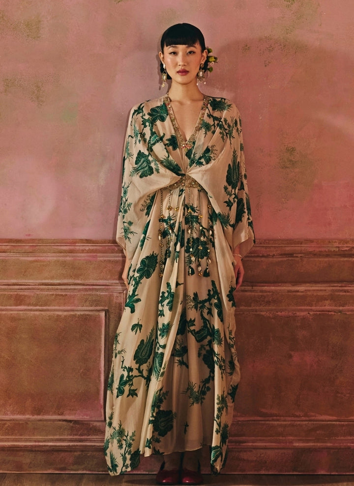 Ivory And Green Silk Organza Kaftan