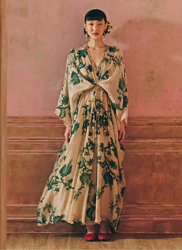 Ivory And Green Silk Organza Kaftan