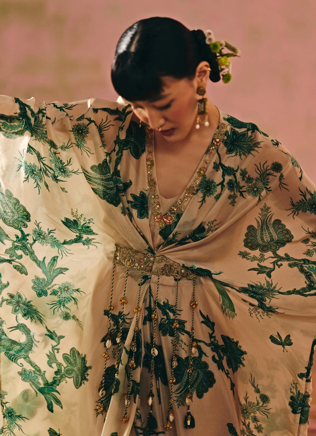 Ivory And Green Silk Organza Kaftan