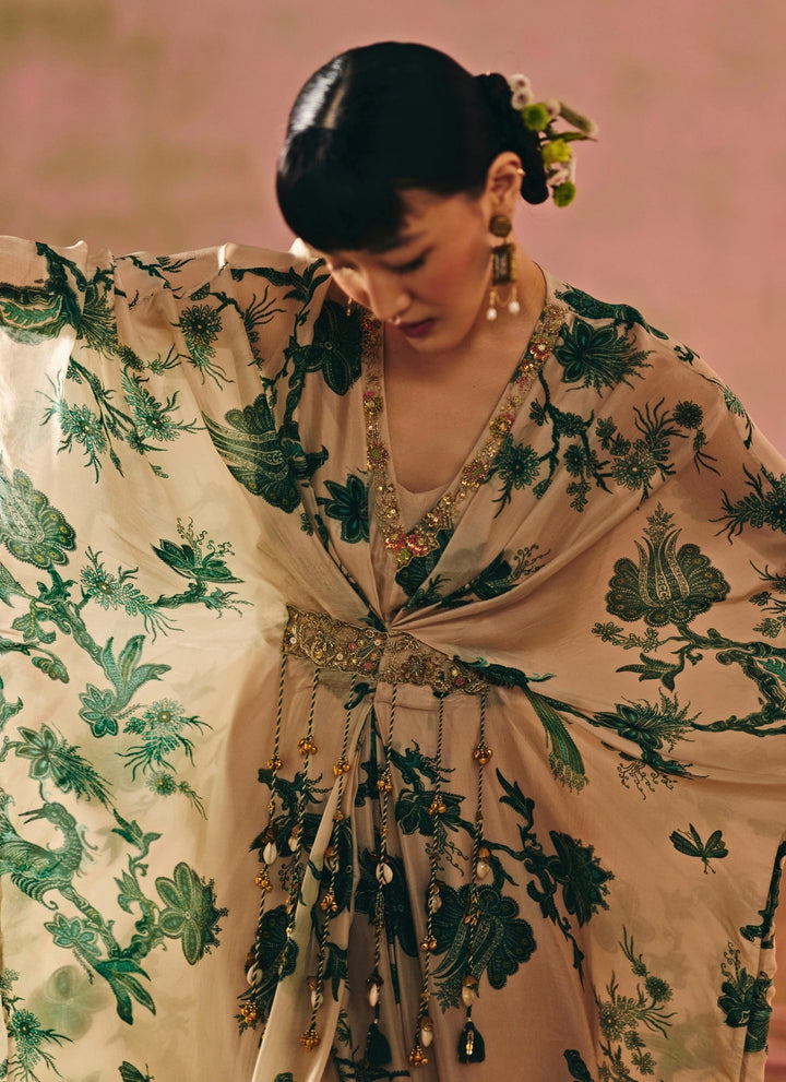 Ivory And Green Silk Organza Kaftan