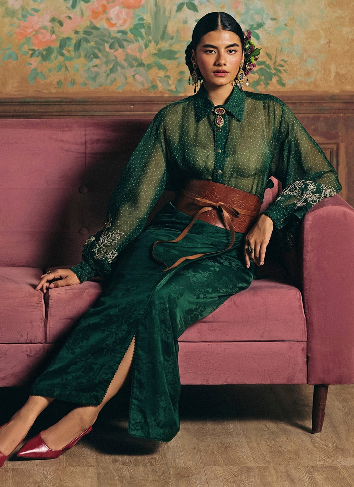 Emerald Green Jacquard Skirt Set