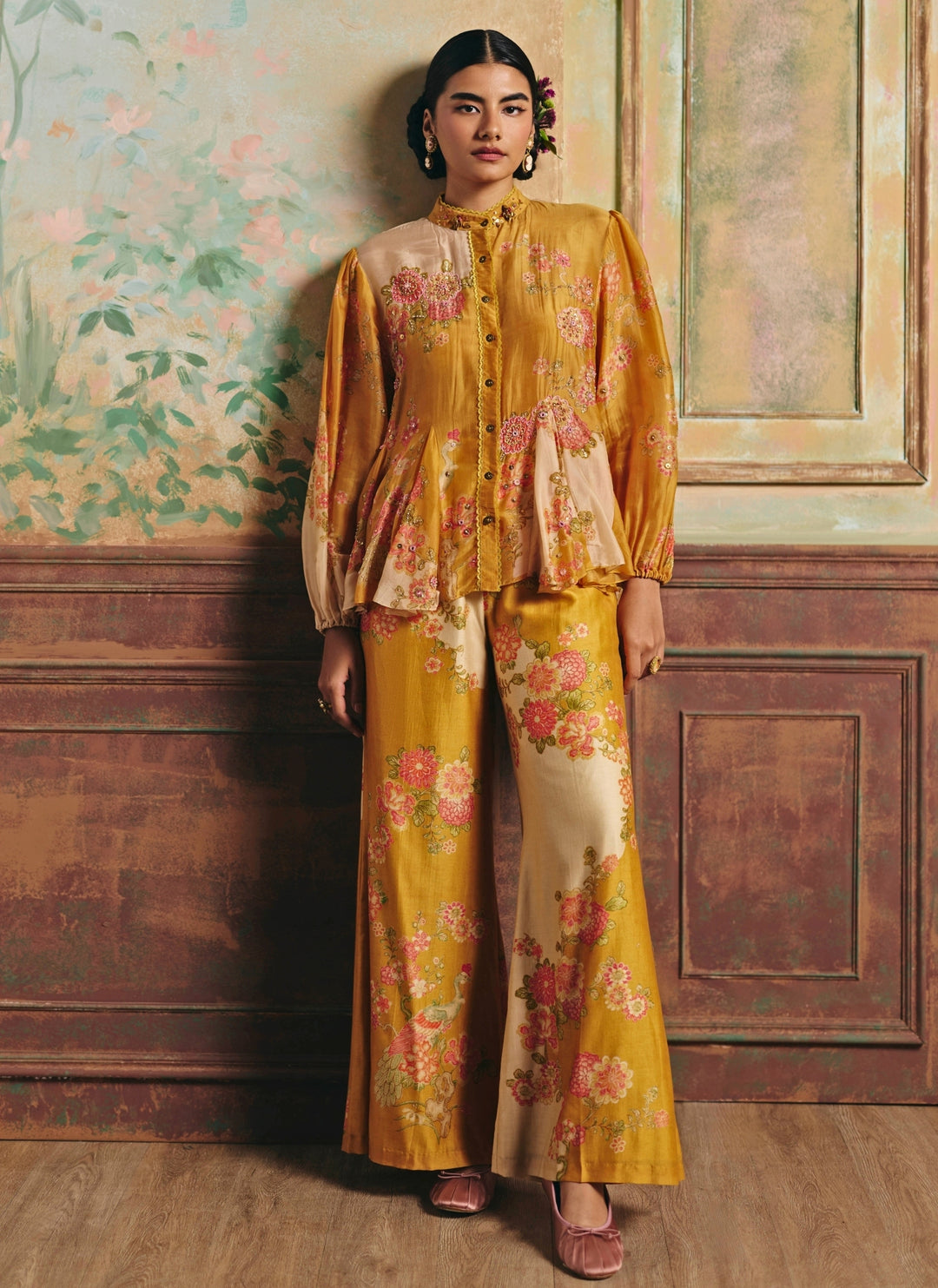 Mustard Yellow Printed Silk Shirt Pants Set