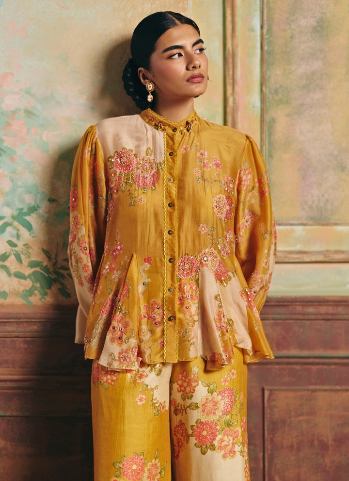 Mustard Yellow Printed Silk Shirt Pants Set