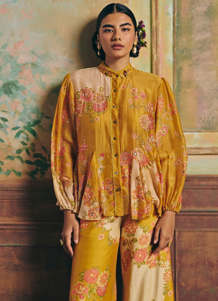 Mustard Yellow Printed Silk Shirt Pants Set