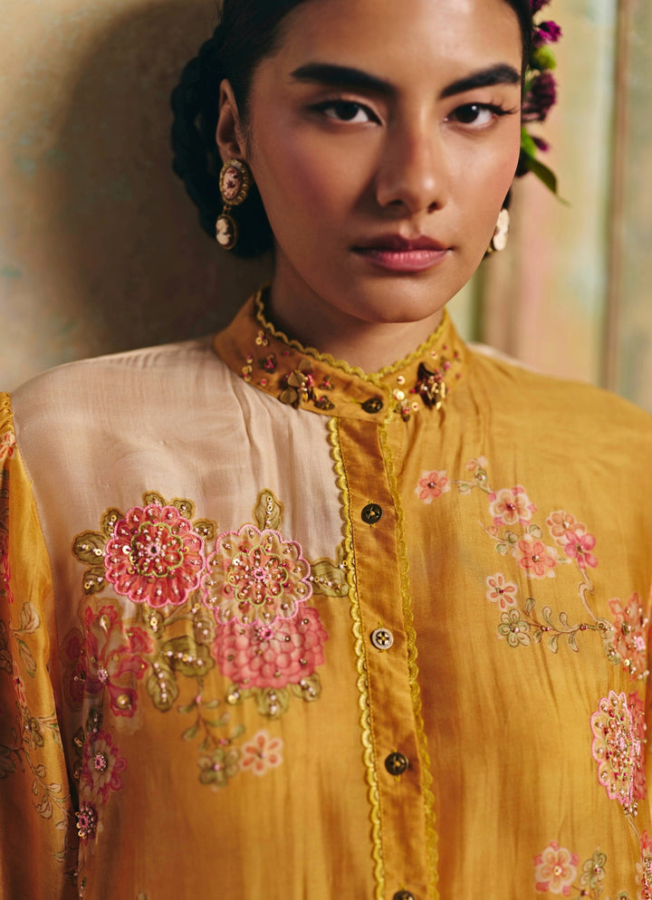 Mustard Yellow Printed Silk Shirt Pants Set