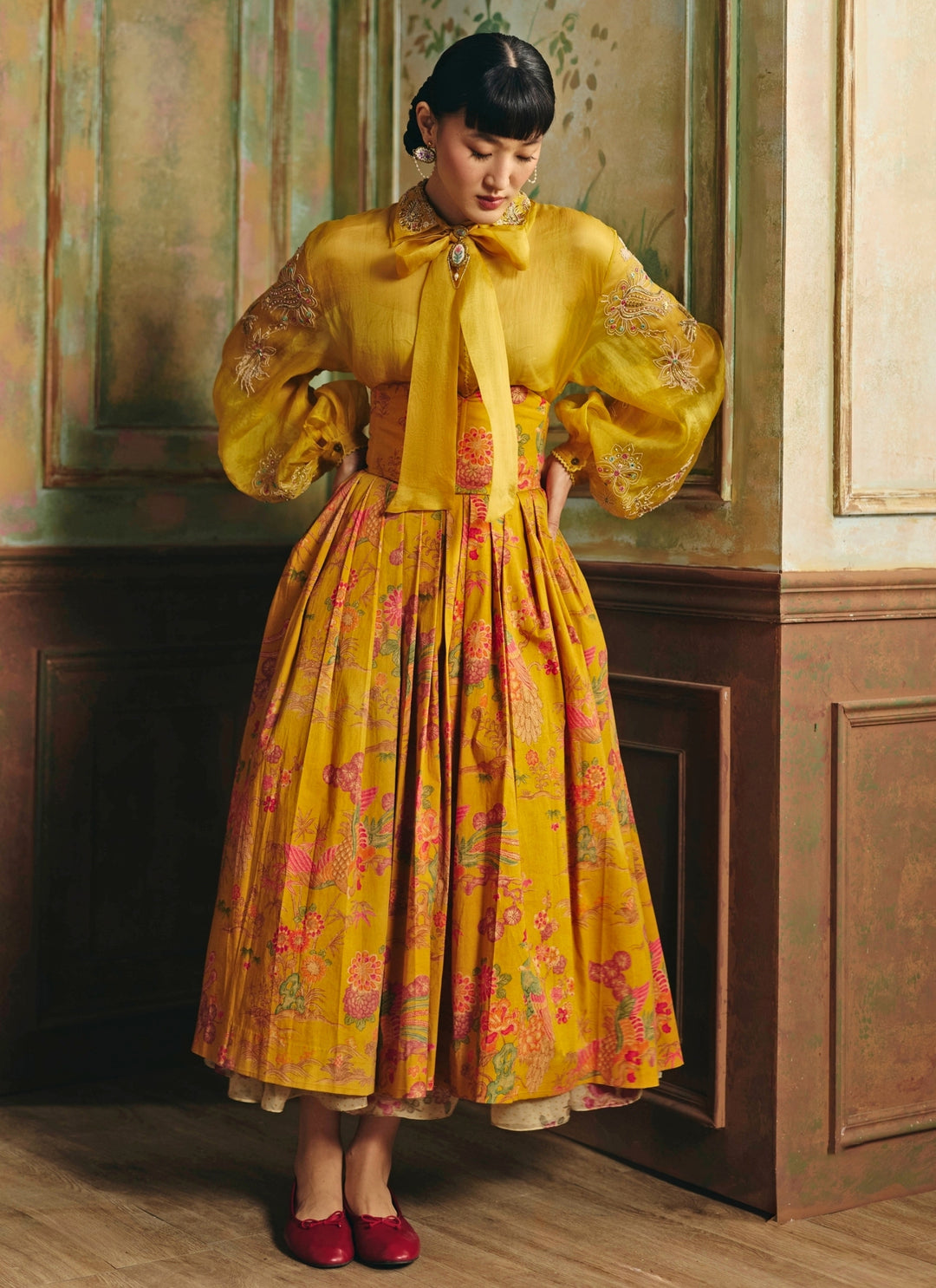 Mustard Yellow Printed Lycra Skirt Set