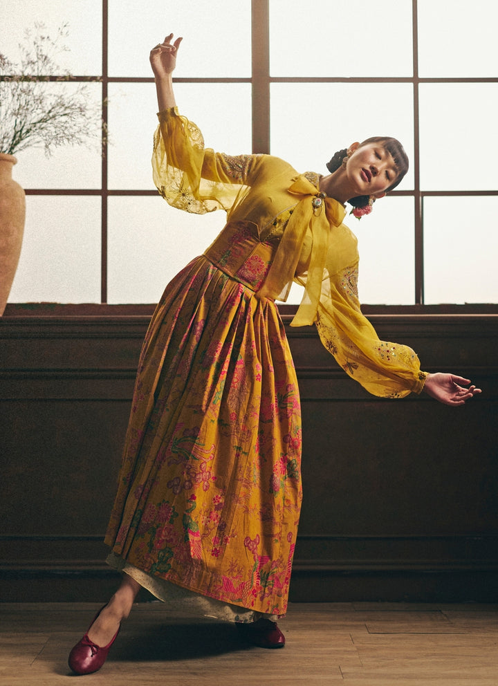 Mustard Yellow Printed Lycra Skirt Set