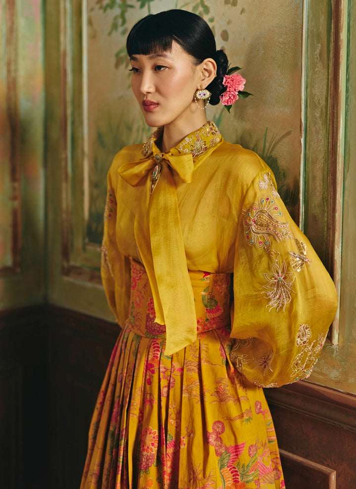 Mustard Yellow Printed Lycra Skirt Set