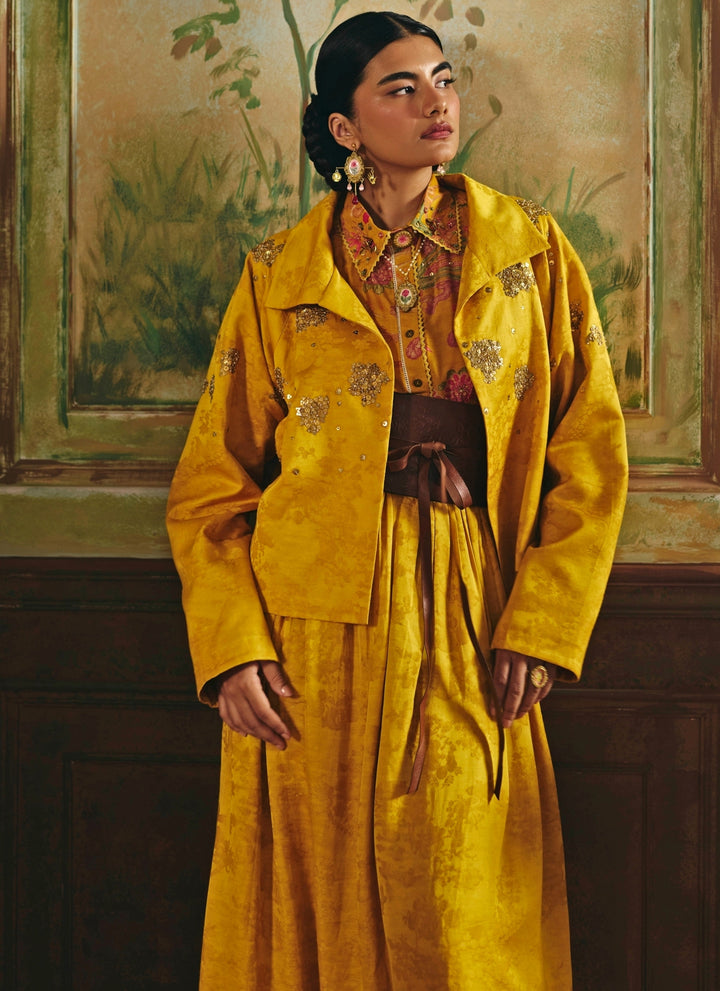 Mustard Yellow Jacquard Skirt Set With Jacket