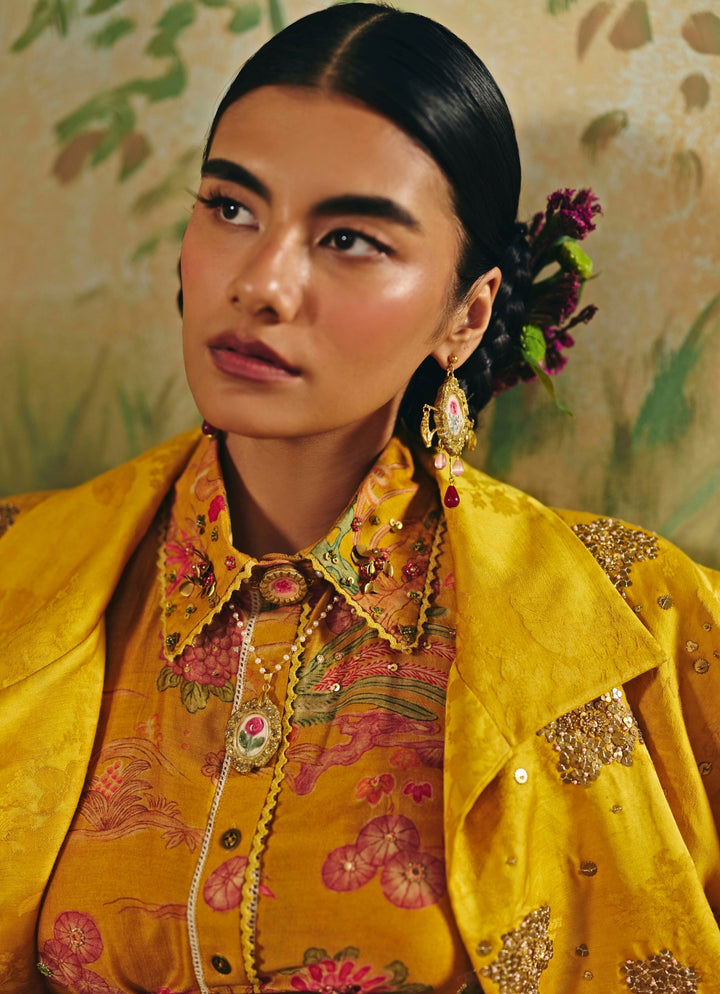 Mustard Yellow Jacquard Skirt Set With Jacket