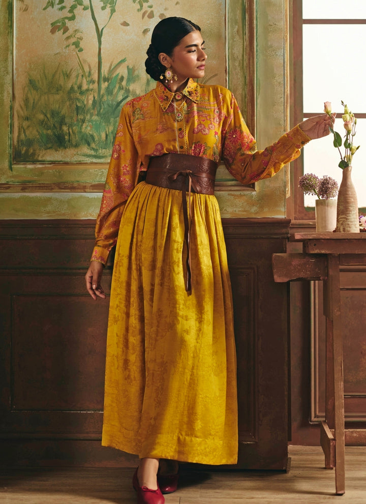 Mustard Yellow Jacquard Skirt Set With Jacket
