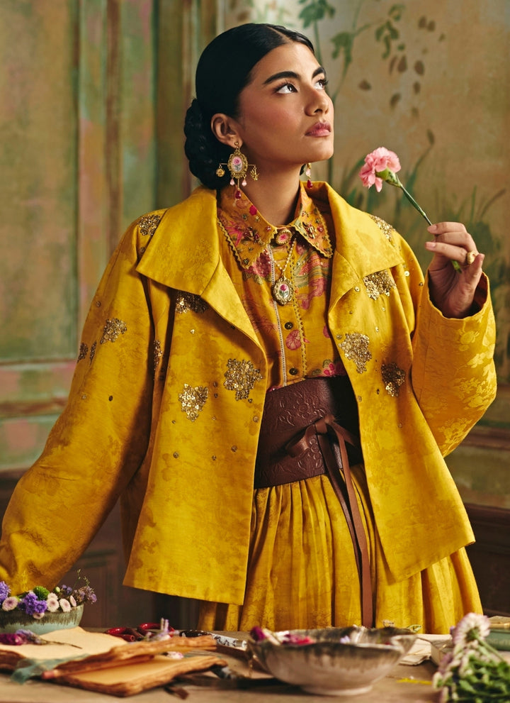 Mustard Yellow Jacquard Skirt Set With Jacket