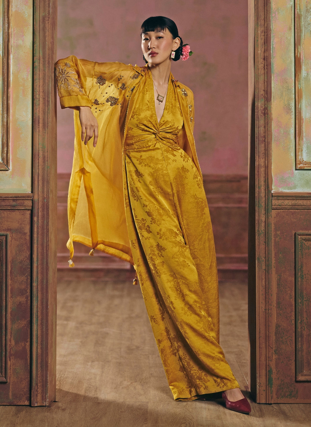 Mustard Yellow Jacquard Jumpsuit With Jacket