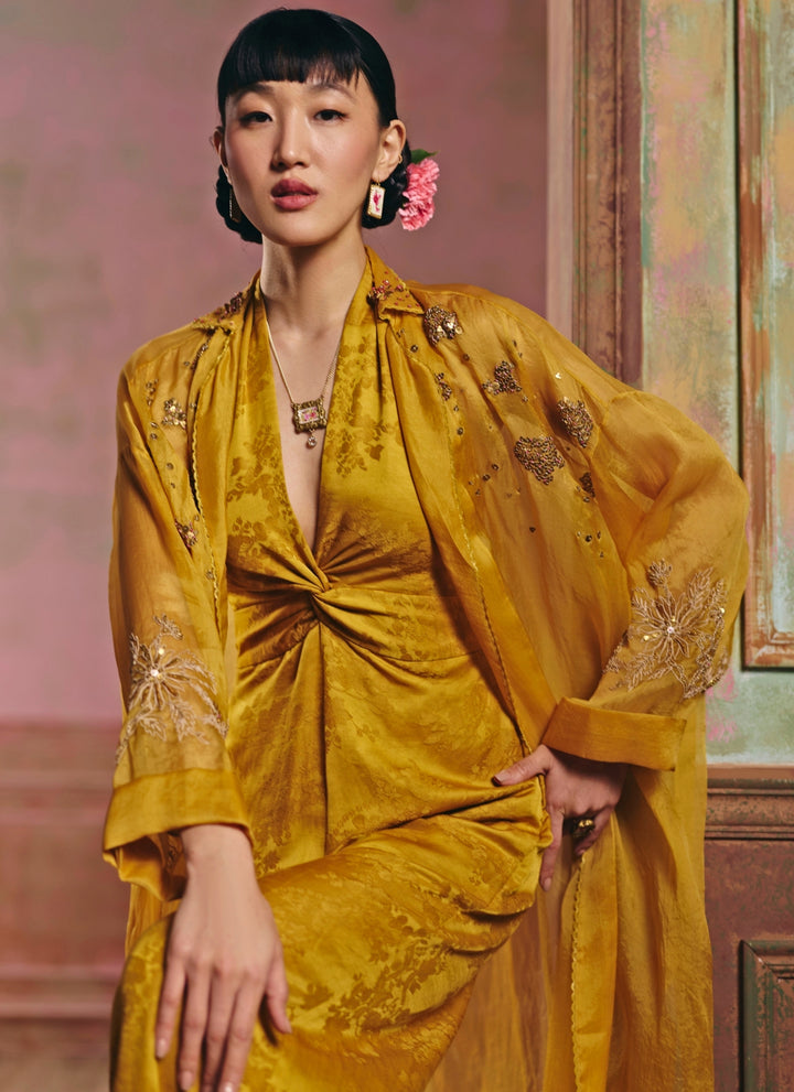 Mustard Yellow Jacquard Jumpsuit With Jacket