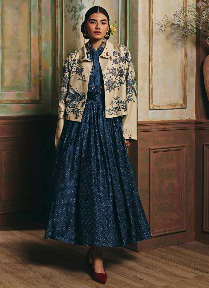 Ivory And Blue Silk Skirt Set With Jacket