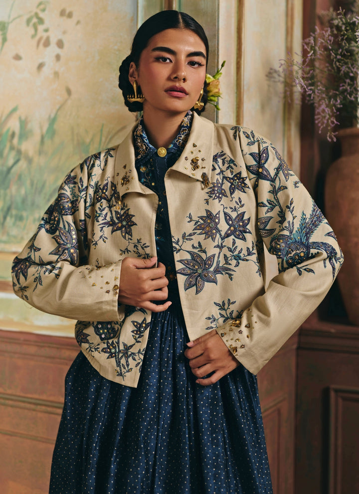 Ivory And Blue Silk Skirt Set With Jacket