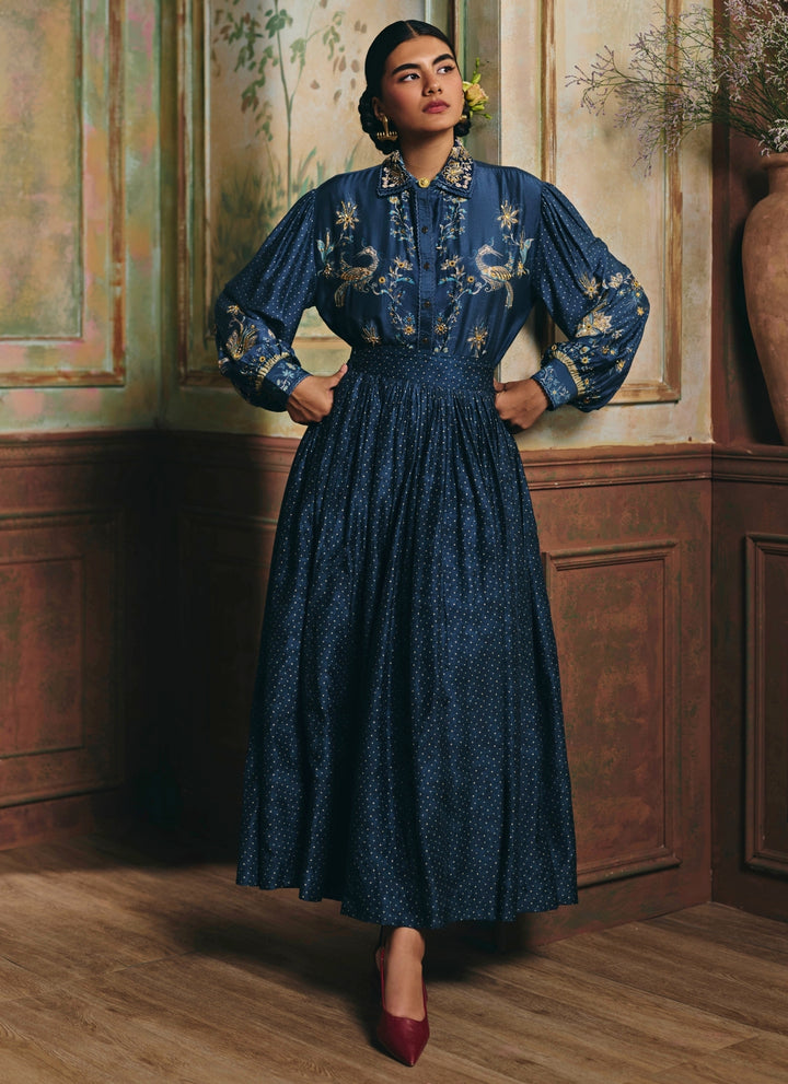 Blue Printed Silk Skirt Set