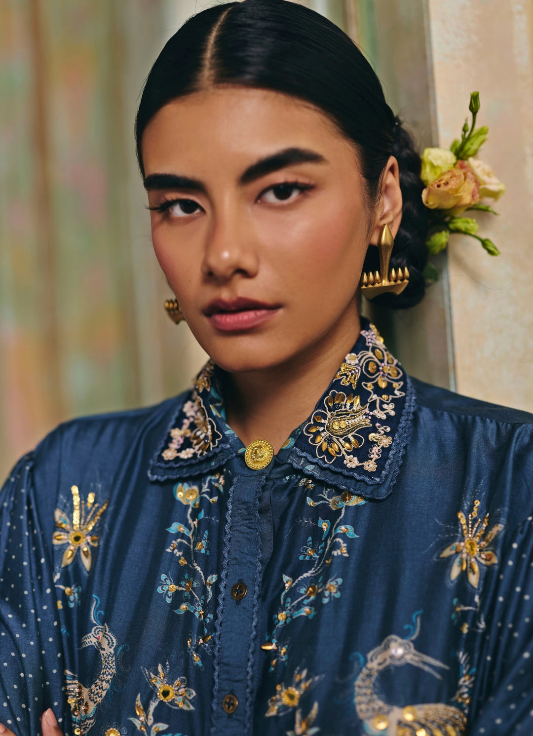 Blue Printed Silk Skirt Set